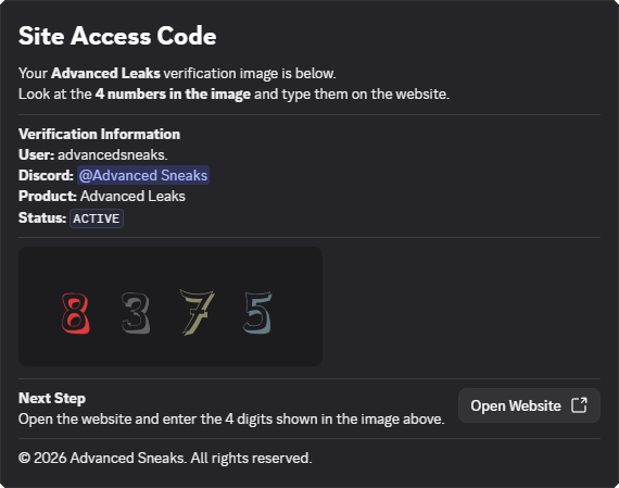 Example Discord direct message titled Site Access Code showing a captcha image with four digits